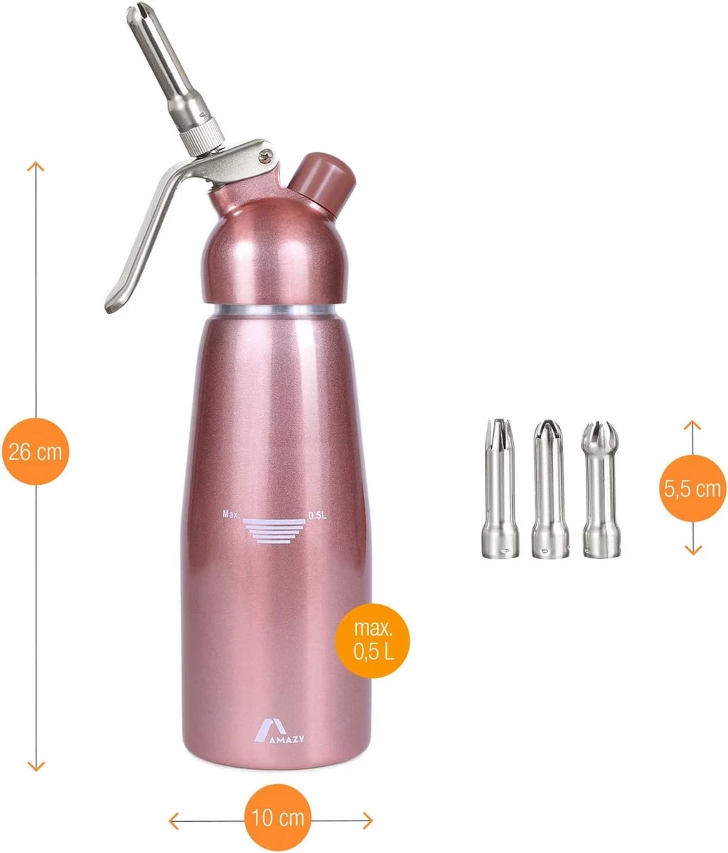Amazy Slagroomspuit Incl. 3 Roestvrijstalen Spuitmonden + 2 Reinigingsborstels - Aluminium Slagroom-sifon Voor Het Bereiden Van Slagroom, Room, Mousse, Espuma & Co. (roségoud | 500 Ml | 0,5 L) 5 Amazy Slagroomspuit Incl. 3 Roestvrijstalen Spuitmonden + 2 Reinigingsborstels - Aluminium Slagroom-sifon Voor Het Bereiden Van Slagroom, Room, Mousse, Espuma & Co. (roségoud | 500 Ml | 0,5 L) - Afbeelding 3