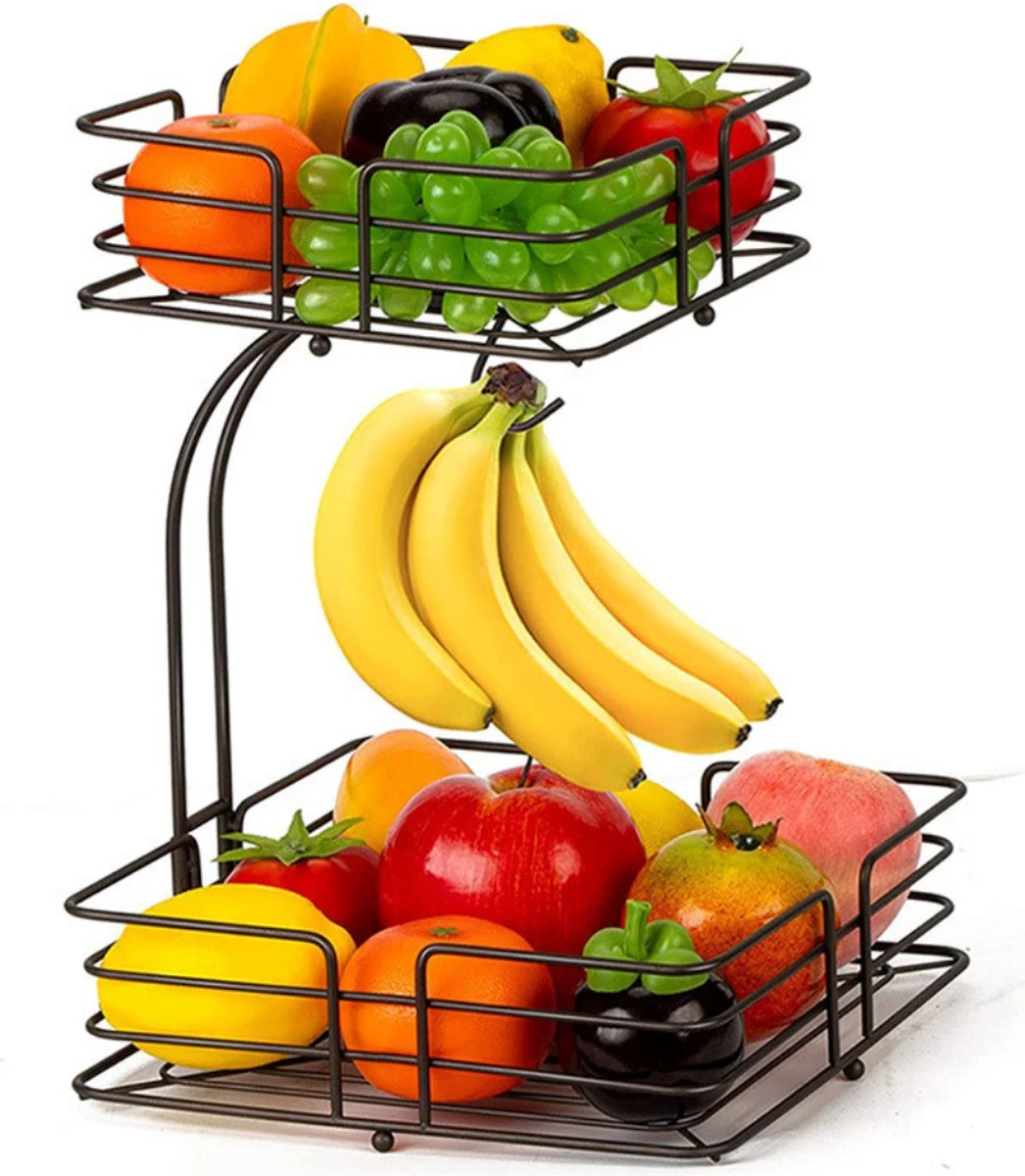 SensaHome - Fruitmand Met Bananenhouder - Vierkant 2-Laags Zwart - Fruitschaal - Etagere - Metaal - Industrial - Modern 18 SensaHome - Fruitmand Met Bananenhouder - Vierkant 2-Laags Zwart - Fruitschaal - Etagere - Metaal - Industrial - Modern - Afbeelding 16