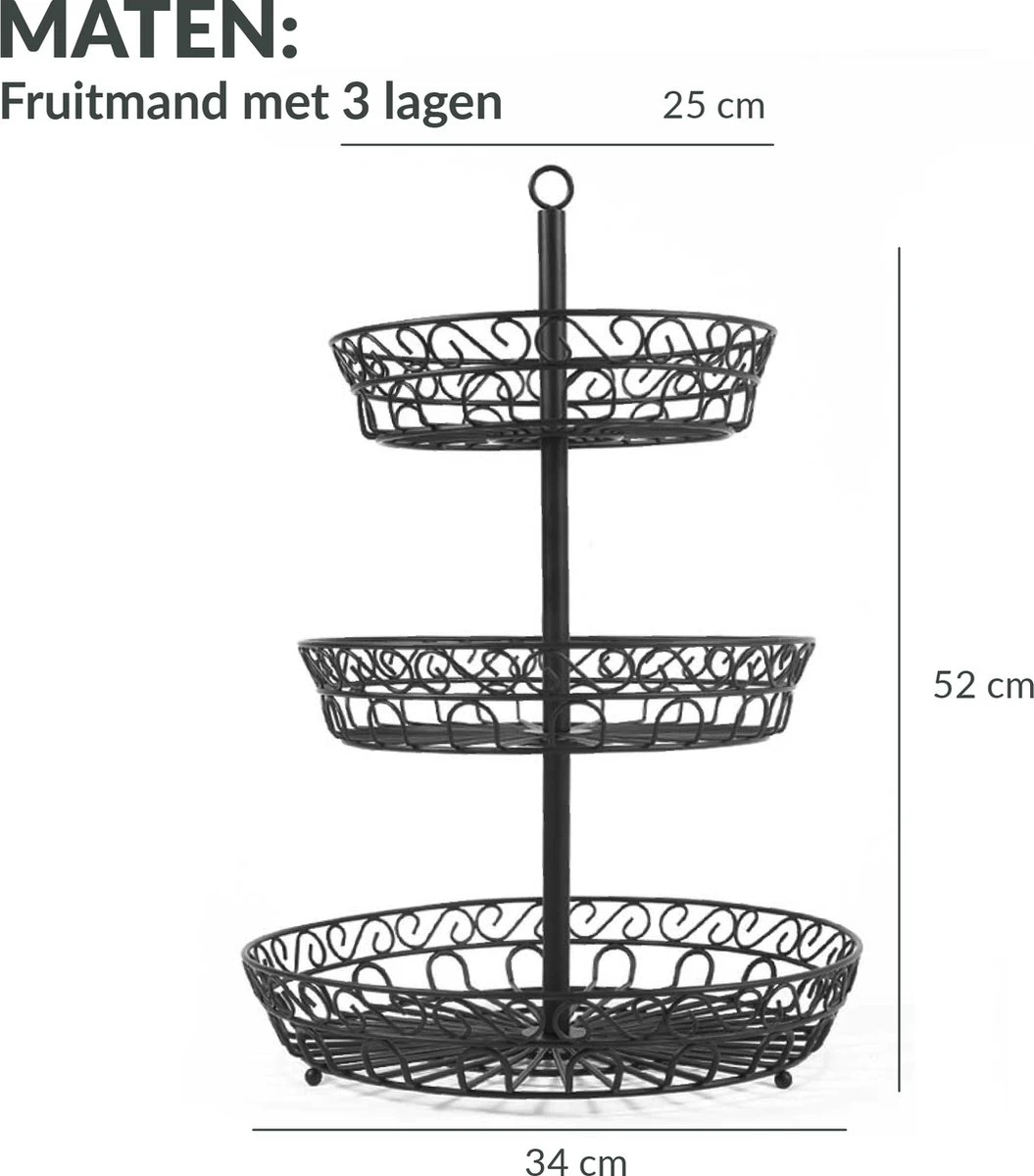 Chefarone Fruit Etagère 3 Laags - Fruitmand Metaal - Fruitschaal - Groentemand - Opberger - Zwart 4 Chefarone Fruit Etagère 3 Laags - Fruitmand Metaal - Fruitschaal - Groentemand - Opberger - Zwart - Afbeelding 2