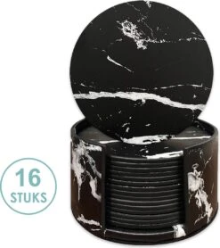 Luxe Leren Marmeren Onderzetters Met Houder - 16 Stuks - Onderleggers Voor Glazen - Glasonderzetters Voor Op Tafel - Coasters - Zwart / Wit - Rond