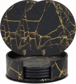 Castagnola Lederen Onderzetters Met Houder – Onderzetters Voor Glazen – Onderzetters Design – Onderzettersset – Drink Onderzetters – Leder – Leren Onderzetters – Set Van 6 – Zwart/Goud