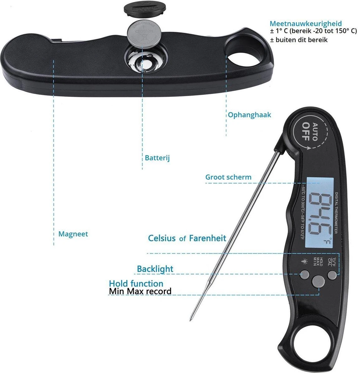 Igoods Digitale Thermometer Voor Keuken, Koken, Voedsel Melk, Vlees, Oven, BBQ, Water, Thee Voor Binnen En Buiten, Waterdicht, RVS, Ultrasnel 5 Igoods Digitale Thermometer Voor Keuken, Koken, Voedsel Melk, Vlees, Oven, BBQ, Water, Thee Voor Binnen En Buiten, Waterdicht, RVS, Ultrasnel - Afbeelding 3