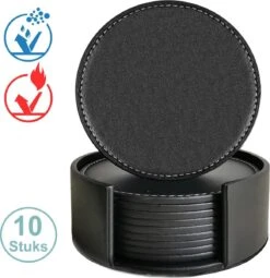 Luxe Leren Onderzetters Met Houder - 10 Stuks - Onderleggers Voor Glazen - Glasonderzetters Voor Op Tafel - Coasters - Zwart - Rond