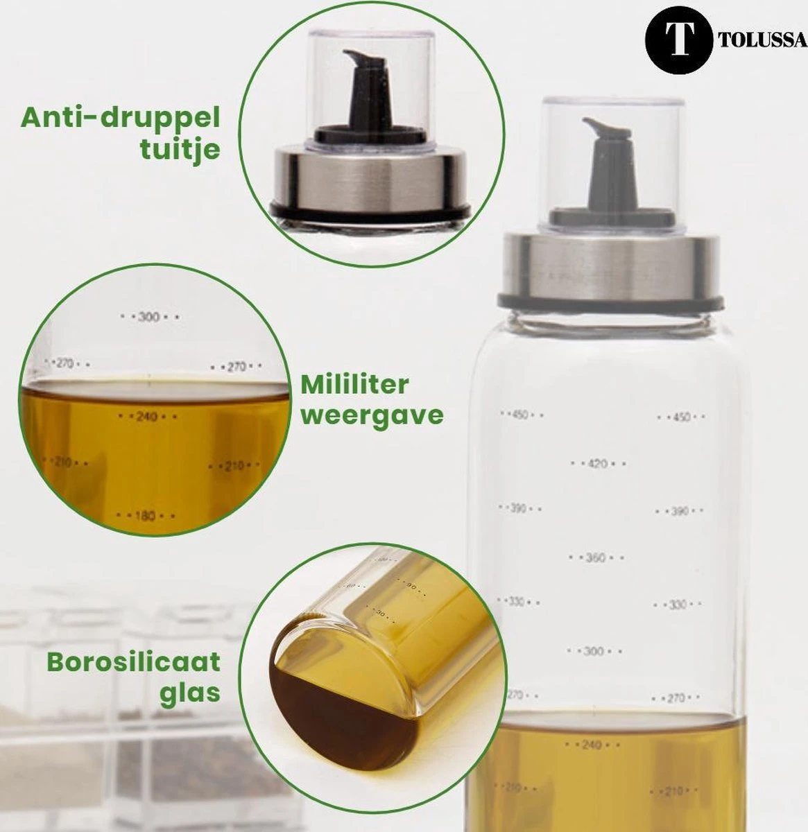 Tolussa Olijfolie Fles 500ML – Oliefles Glas Met Schenktuit – Anti-drup - Incl. Deksel 4 Tolussa Olijfolie Fles 500ML – Oliefles Glas Met Schenktuit – Anti-drup - Incl. Deksel - Afbeelding 2