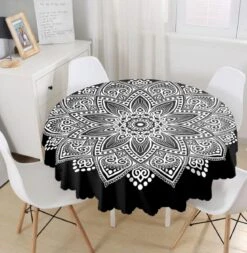 Tafelkleed Rond Ø140cm - De Groen Home - Bedrukt Velvet Textiel - Witte Mandala Op Zwart - Tafelkleed