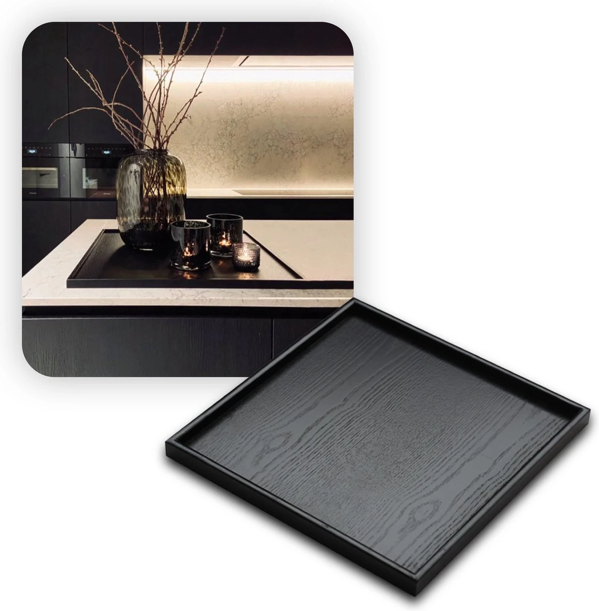 MIRO Houten Dienblad Vierkant - Decoratieve Dienbladen - Serveerblad - Sierblad - 33 X 33 CM - Zwart 3 MIRO Houten Dienblad Vierkant - Decoratieve Dienbladen - Serveerblad - Sierblad - 33 X 33 CM - Zwart