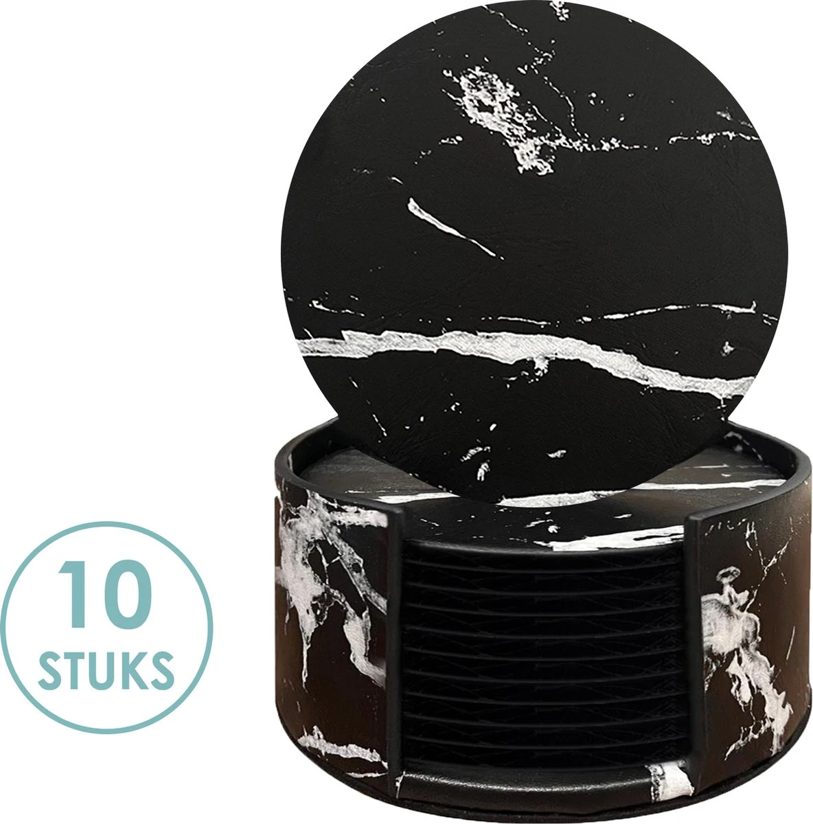 Luxe Leren Marmeren Onderzetters Met Houder - 10 Stuks - Onderleggers Voor Glazen - Glasonderzetters Voor Op Tafel - Coasters - Zwart / Wit - Rond 3 Luxe Leren Marmeren Onderzetters Met Houder - 10 Stuks - Onderleggers Voor Glazen - Glasonderzetters Voor Op Tafel - Coasters - Zwart / Wit - Rond