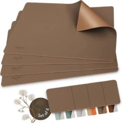 Sølmo I Designer Placemat PU Leather, Hittebestendig Twee Kleuren I 4st Placemat Wipeable With Coaster, Placemat Leather, Place Mat, Placemat Leather, Placemat Kids (Brown/Gold)