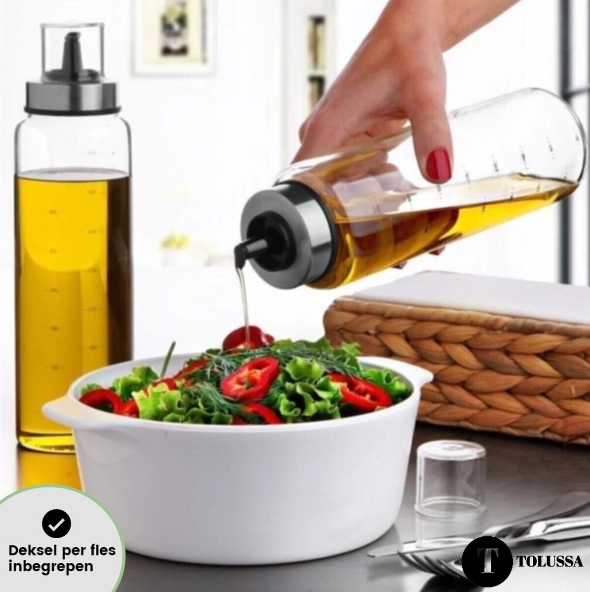 Tolussa Olijfolie Fles 500ML – Oliefles Glas Met Schenktuit – Anti-drup - Incl. Deksel 11 Tolussa Olijfolie Fles 500ML – Oliefles Glas Met Schenktuit – Anti-drup - Incl. Deksel - Afbeelding 9