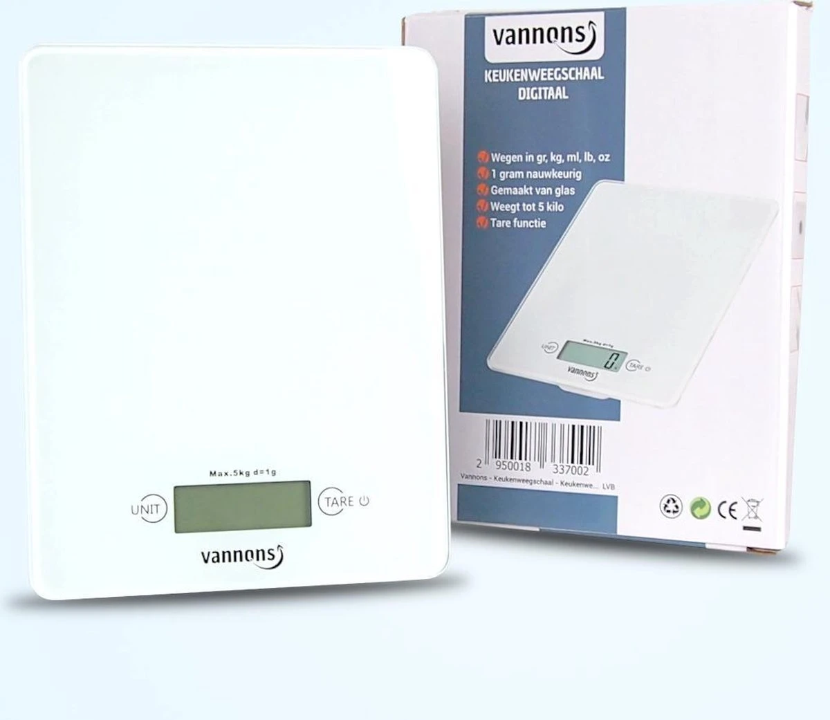 Vannons - Keukenweegschaal - Keukenweegschaal Digitaal - Precisie Weegschaal Tot 5 Kilo - Glas - Wit 8 Vannons - Keukenweegschaal - Keukenweegschaal Digitaal - Precisie Weegschaal Tot 5 Kilo - Glas - Wit - Afbeelding 6