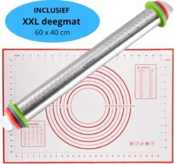 AXIMO Deegroller RVS Verstelbaar Met Extra Grote Deegmat 60x40 Cm - Fondantroller Met Siliconen XL Bakmat - Antikleef - RVS Rolstok