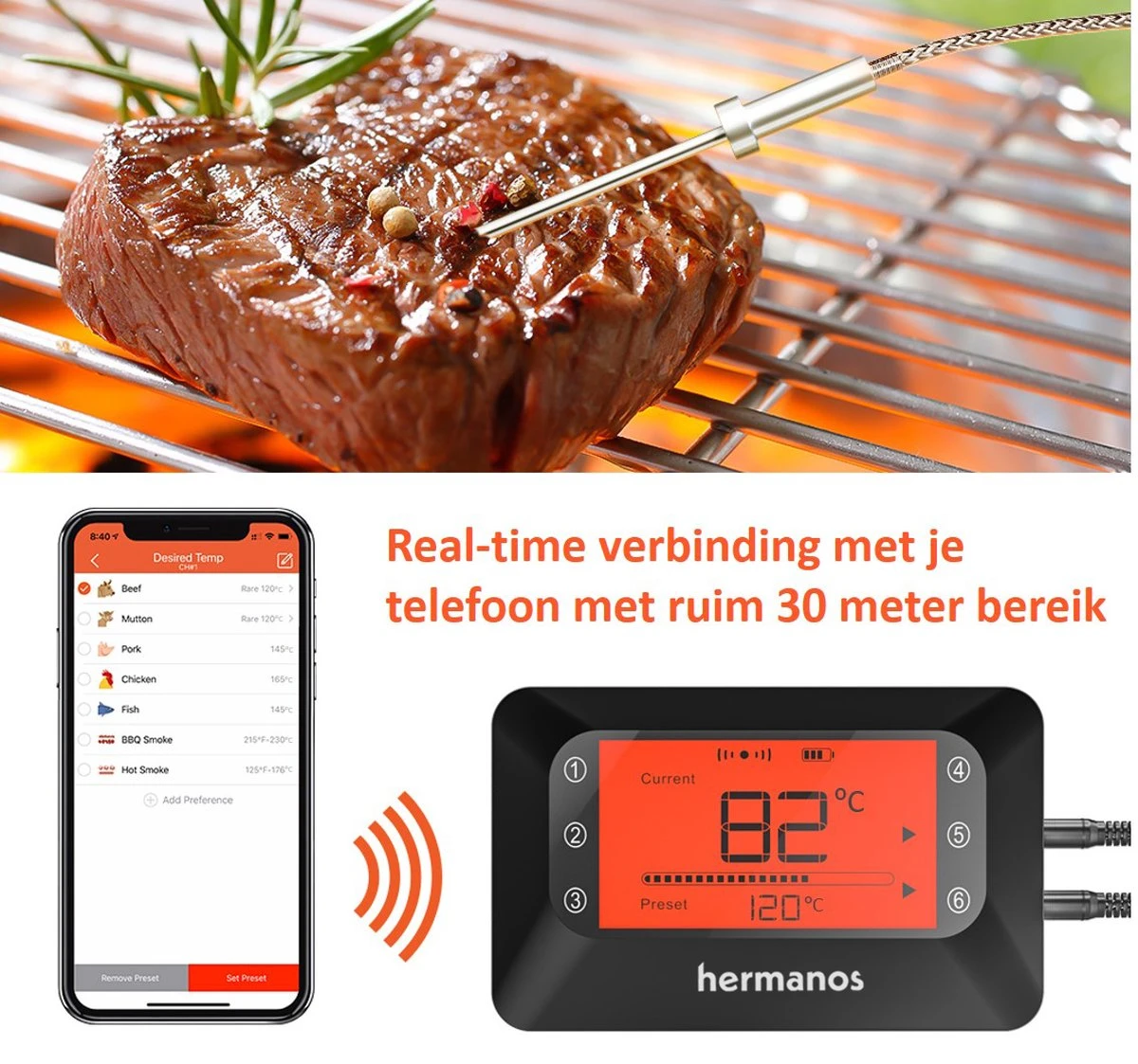 Hermanos® Digitale BBQ Thermometer Draadloos - Vleesthermometer - Oventhermometer - Bluetooth Met App - 6 Meetsondes - Magneet - Incl. Batterijen 4 Hermanos® Digitale BBQ Thermometer Draadloos - Vleesthermometer - Oventhermometer - Bluetooth Met App - 6 Meetsondes - Magneet - Incl. Batterijen - Afbeelding 2