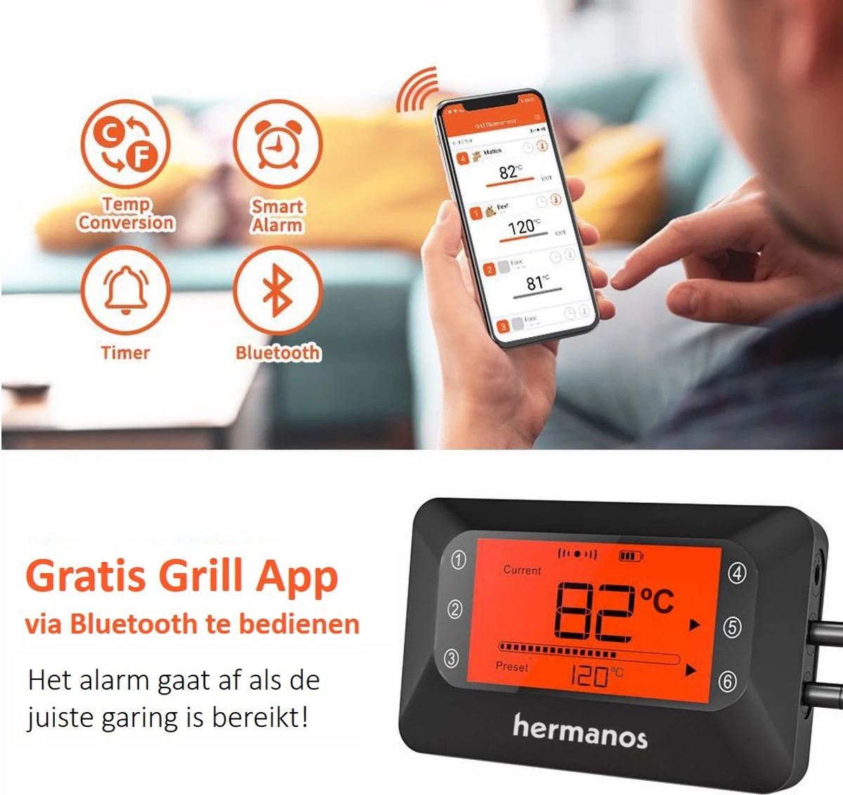 Hermanos® Digitale BBQ Thermometer Draadloos - Vleesthermometer - Oventhermometer - Bluetooth Met App - 6 Meetsondes - Magneet - Incl. Batterijen 5 Hermanos® Digitale BBQ Thermometer Draadloos - Vleesthermometer - Oventhermometer - Bluetooth Met App - 6 Meetsondes - Magneet - Incl. Batterijen - Afbeelding 3