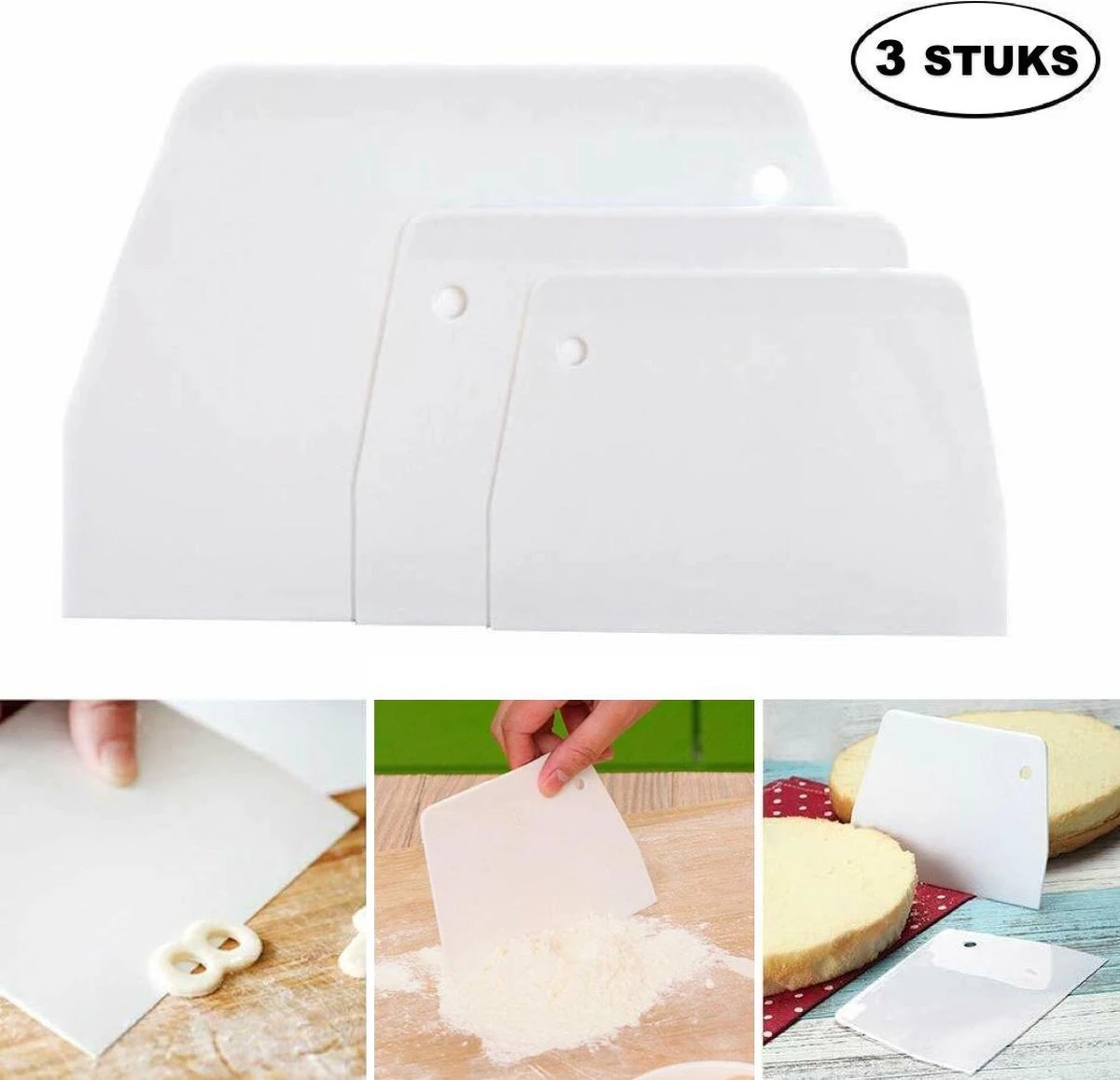 Homewell Deegsteker Set - 3 Delig - Kunststof Deegschrapers - Wit 4 Homewell Deegsteker Set - 3 Delig - Kunststof Deegschrapers - Wit - Afbeelding 2