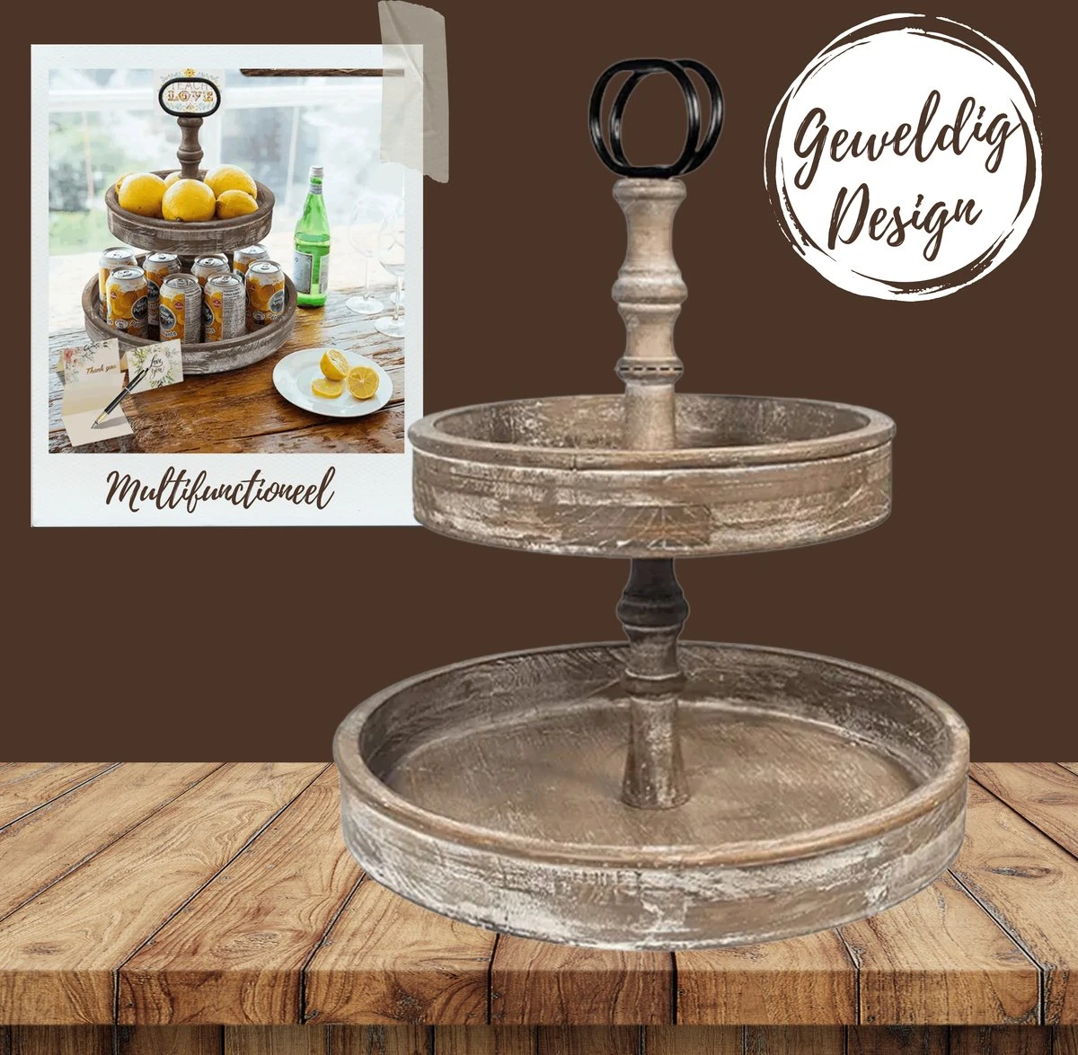 Pazzo Goods - Etagere - 2 Laags - Landelijk - Houten Etagere - 5 Pazzo Goods - Etagere - 2 Laags - Landelijk - Houten Etagere - - Afbeelding 3