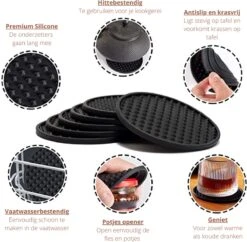 Castagnola Siliconen Onderzetters Met Houder – Onderzetters Voor Glazen – Onderzetters Design – Onderzettersset – Drink Onderzetters – Hoogwaardige Siliconen – Set Van 14 – Zwart -KitchenAids Winkel 1200x1175 6