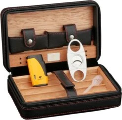 Luxe Humidor Sigaren Set - Sigarendoos Leer Zwart - Sigarenkoker - Cabinet - Reis - Cadeauset - Incl. Accessoires