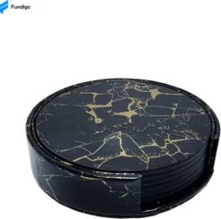 Onderzetters Voor Glazen - Leren Onderzetters - Onderzetters - Zwart / Goud - Marmer Look - 6 Stuks - Inclusief Luxe Houder