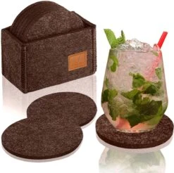 Soothe Onderzetters Voor Glazen - Vilt 10 Stuks – Bruin – Onderzetters Met Houder – Handgemaakt - Hittebestendig, Absorberend En Duurzaam