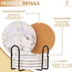 Castagnola Keramische Onderzetters Met Houder – Onderzetters Voor Glazen – Onderzetters Design – Onderzettersset – Drink Onderzetters – Keramisch – Kurk – Set Van 6 – Wit/Goud -KitchenAids Winkel 1200x1197 11