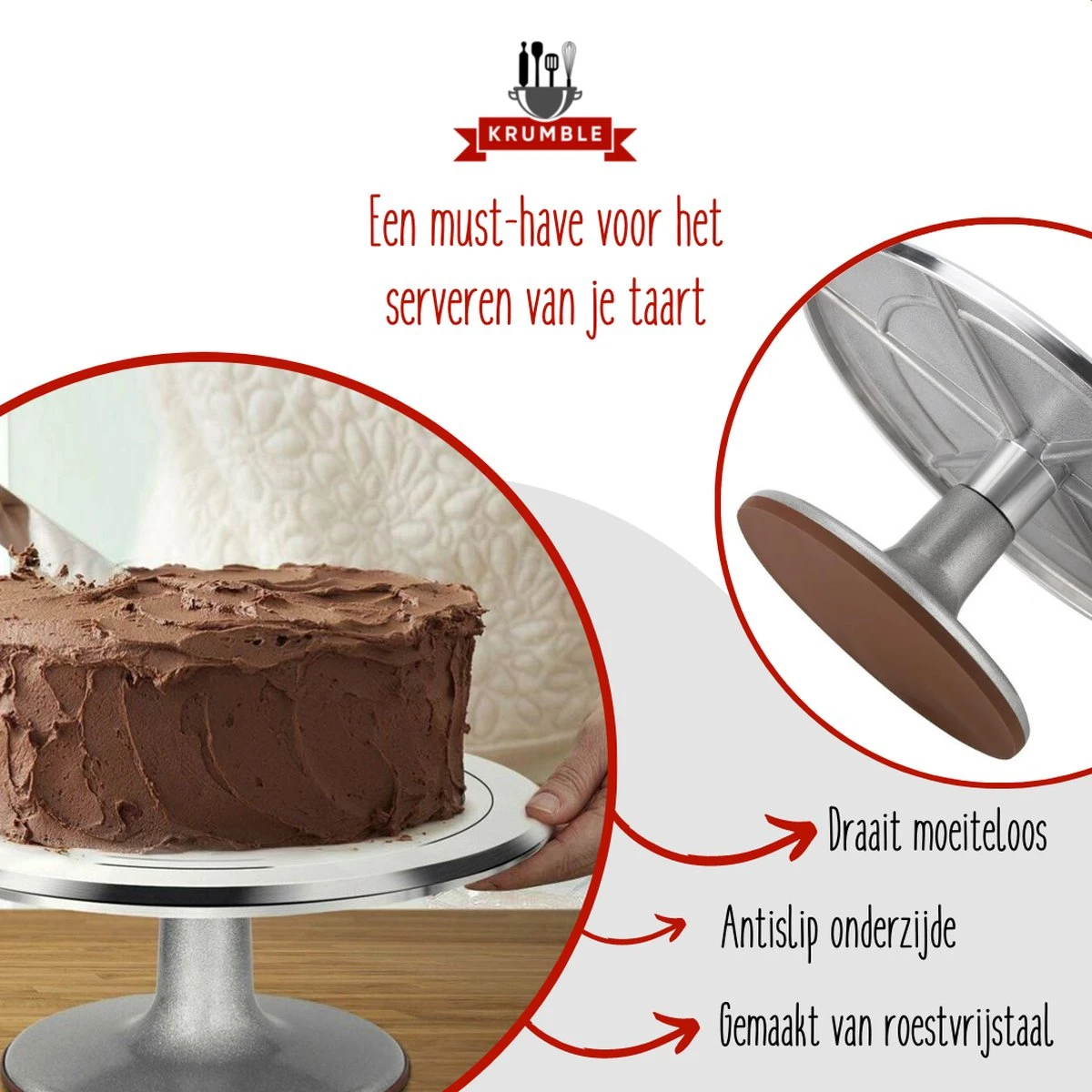 Krumble Taartplateau Draaibaar RVS / Diameter Van Ø31cm / Ideaal Voor Het Snijden En Maken Van Taarten - Geborsteld Chroom 7 Krumble Taartplateau Draaibaar RVS / Diameter Van Ø31cm / Ideaal Voor Het Snijden En Maken Van Taarten - Geborsteld Chroom - Afbeelding 5