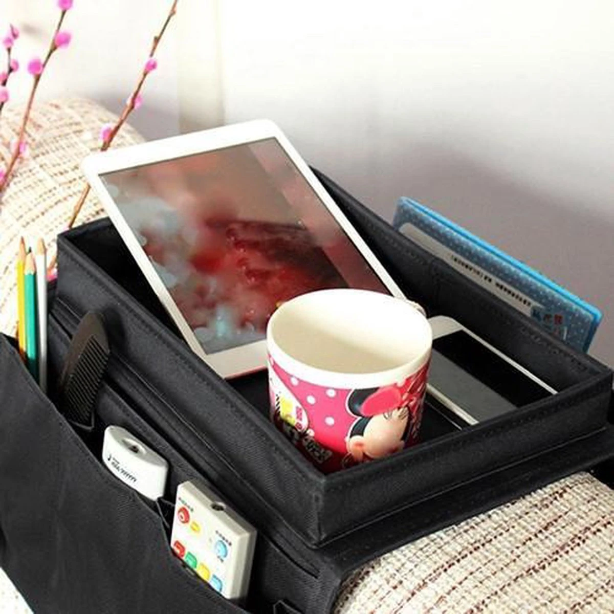 Armleuning Dienblad - Flexibel Bankleuning Bank Leuning Organizer Plank Tafel - Zwart 4 Armleuning Dienblad - Flexibel Bankleuning Bank Leuning Organizer Plank Tafel - Zwart - Afbeelding 2