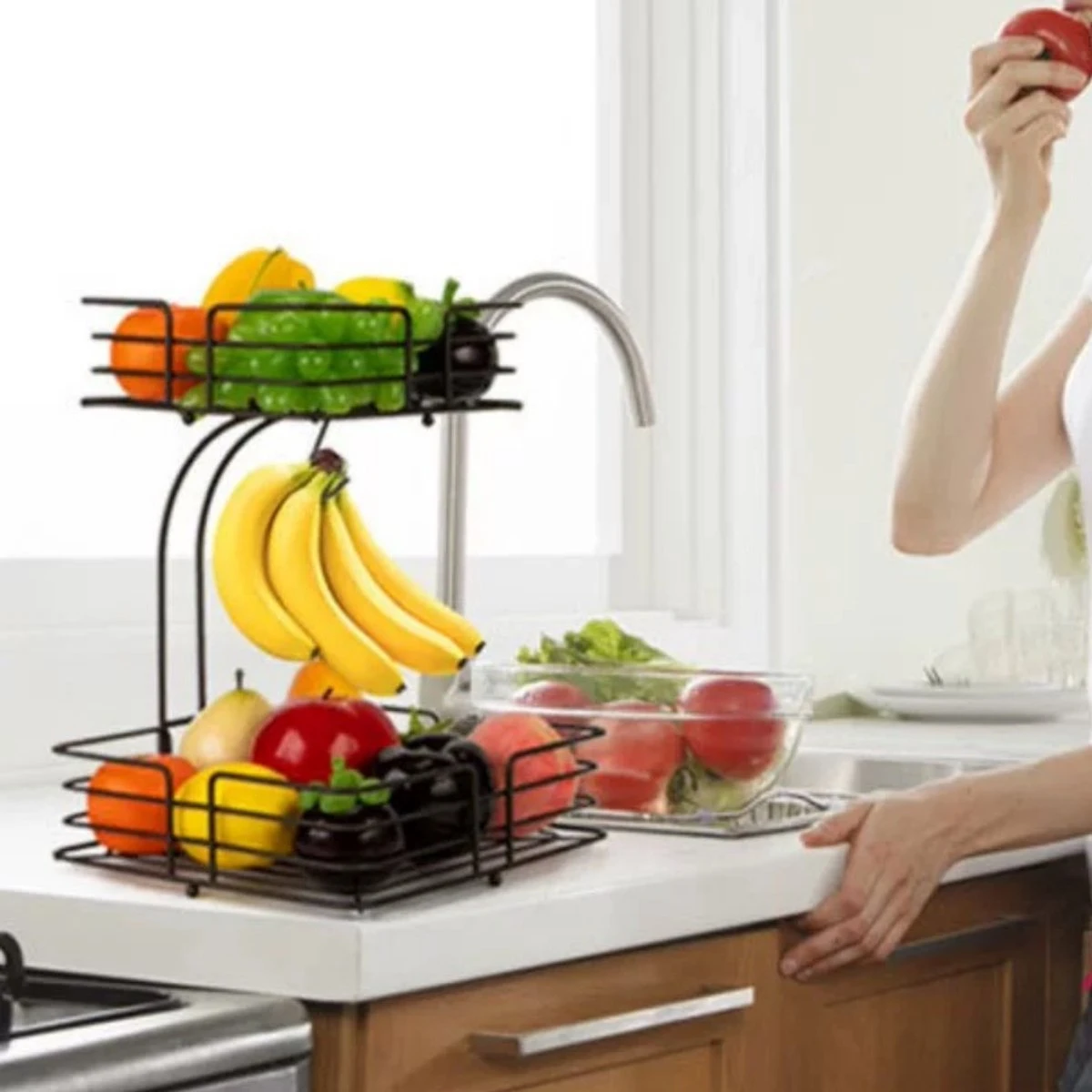 SensaHome - Fruitmand Met Bananenhouder - Vierkant 2-Laags Zwart - Fruitschaal - Etagere - Metaal - Industrial - Modern 14 SensaHome - Fruitmand Met Bananenhouder - Vierkant 2-Laags Zwart - Fruitschaal - Etagere - Metaal - Industrial - Modern - Afbeelding 12