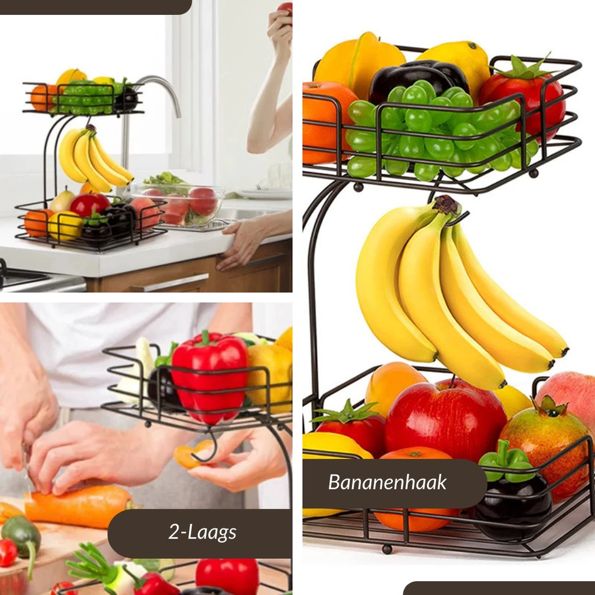 SensaHome - Fruitmand Met Bananenhouder - Vierkant 2-Laags Zwart - Fruitschaal - Etagere - Metaal - Industrial - Modern 19 SensaHome - Fruitmand Met Bananenhouder - Vierkant 2-Laags Zwart - Fruitschaal - Etagere - Metaal - Industrial - Modern - Afbeelding 17