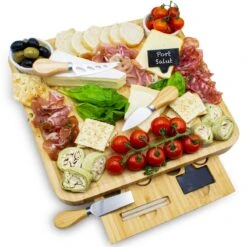 AWEMOZ Borrelplank Hout - Tapasplank Met Schaaltjes - Serveerplank Hout - Kaasplank Met Kaasmesjes - Bamboe Hout - Krijtbord Met Krijtjes
