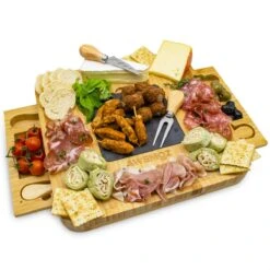 AWEMOZ Borrelplank Hout - Tapasplank Uitschuifbaar- Serveerplank Hout - Kaasplank Met Kaasmesjes - Bamboe Hout - Keramische Plaat -KitchenAids Winkel 1200x1200 549
