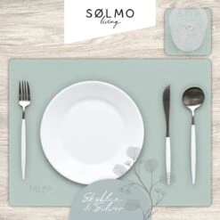 Sølmo I Designer Placemat PU Leather, Hittebestendig Twee Kleuren I 4st Placemat Afveegbaar Met Onderzetter, Placemat Leer, Placemat Leer, Placemat Kinderen (Hemelsblauw/Zilver) -KitchenAids Winkel 1200x1200 580