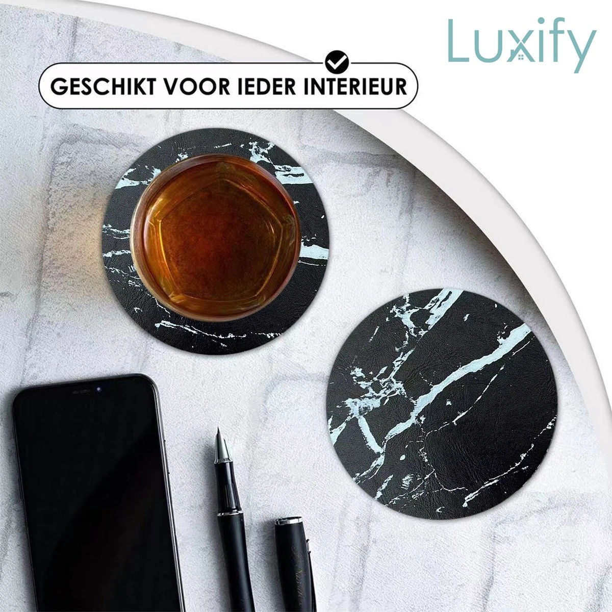 Luxe Leren Marmeren Onderzetters Met Houder - 10 Stuks - Onderleggers Voor Glazen - Glasonderzetters Voor Op Tafel - Coasters - Zwart / Wit - Rond 4 Luxe Leren Marmeren Onderzetters Met Houder - 10 Stuks - Onderleggers Voor Glazen - Glasonderzetters Voor Op Tafel - Coasters - Zwart / Wit - Rond - Afbeelding 2