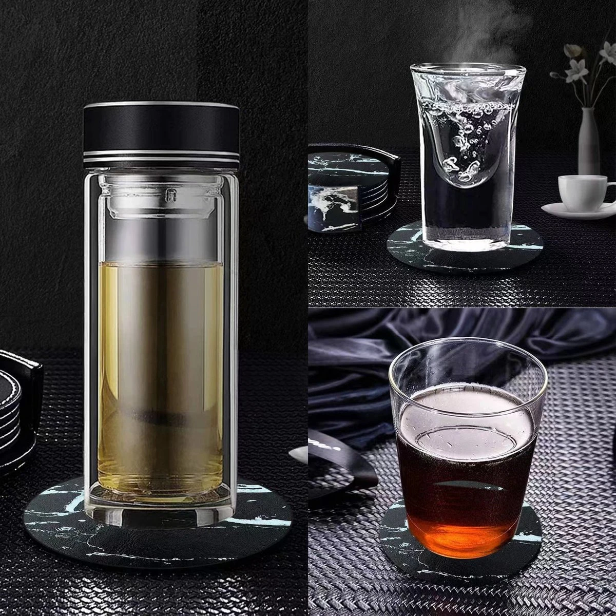 Luxe Leren Marmeren Onderzetters Met Houder - 10 Stuks - Onderleggers Voor Glazen - Glasonderzetters Voor Op Tafel - Coasters - Zwart / Wit - Rond 8 Luxe Leren Marmeren Onderzetters Met Houder - 10 Stuks - Onderleggers Voor Glazen - Glasonderzetters Voor Op Tafel - Coasters - Zwart / Wit - Rond - Afbeelding 6