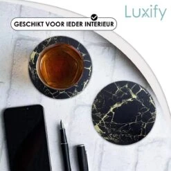 Luxe Leren Marmeren Onderzetters Met Houder - 10 Stuks - Onderleggers Voor Glazen - Glasonderzetters Voor Op Tafel - Coasters - Zwart / Goud - Rond -KitchenAids Winkel 1200x1200 775