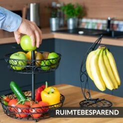 Chefarone Fruit Etagère Met Bananenstandaard - Fruitmand Metaal - Bananenhouder - Fruitschaal 2 Laags - Groentemand - Zwart -KitchenAids Winkel 1200x1200 839