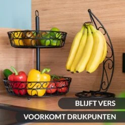 Chefarone Fruit Etagère Met Bananenstandaard - Fruitmand Metaal - Bananenhouder - Fruitschaal 2 Laags - Groentemand - Zwart -KitchenAids Winkel 1200x1200 840