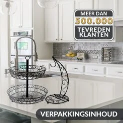 Chefarone Fruit Etagère Met Bananenstandaard - Fruitmand Metaal - Bananenhouder - Fruitschaal 2 Laags - Groentemand - Zwart -KitchenAids Winkel 1200x1200 843