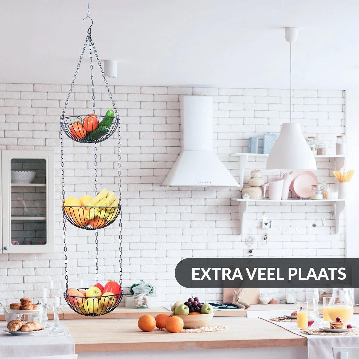 Chefarone Hangende Fruitmand - Fruitschaal 130 CM - Keukenhanger 3 Manden - Fruithangmand - Zwart 8 Chefarone Hangende Fruitmand - Fruitschaal 130 CM - Keukenhanger 3 Manden - Fruithangmand - Zwart - Afbeelding 6