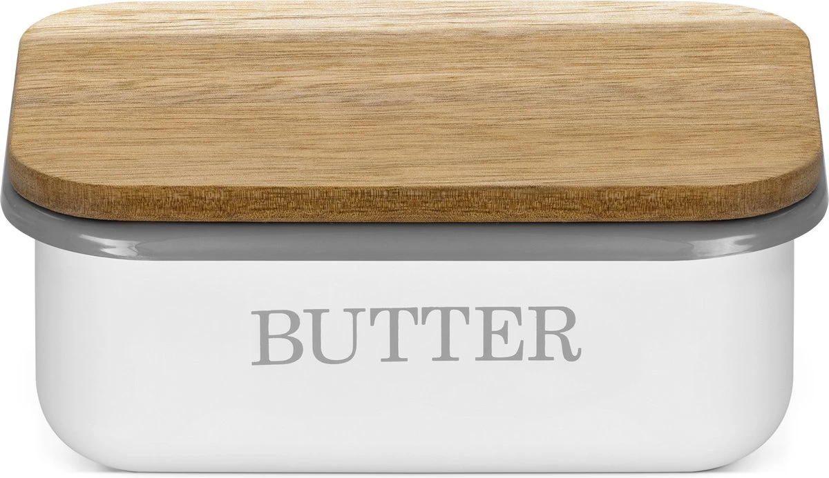 Navaris Botervloot Met Houten Deksel - Van Metaal In Wit - Met Siliconen Afdichtring - 15,5 X 10,5 X 6 Cm - Boterhouder Voor Boter En Ander Voedsel 4 Navaris Botervloot Met Houten Deksel - Van Metaal In Wit - Met Siliconen Afdichtring - 15,5 X 10,5 X 6 Cm - Boterhouder Voor Boter En Ander Voedsel - Afbeelding 2