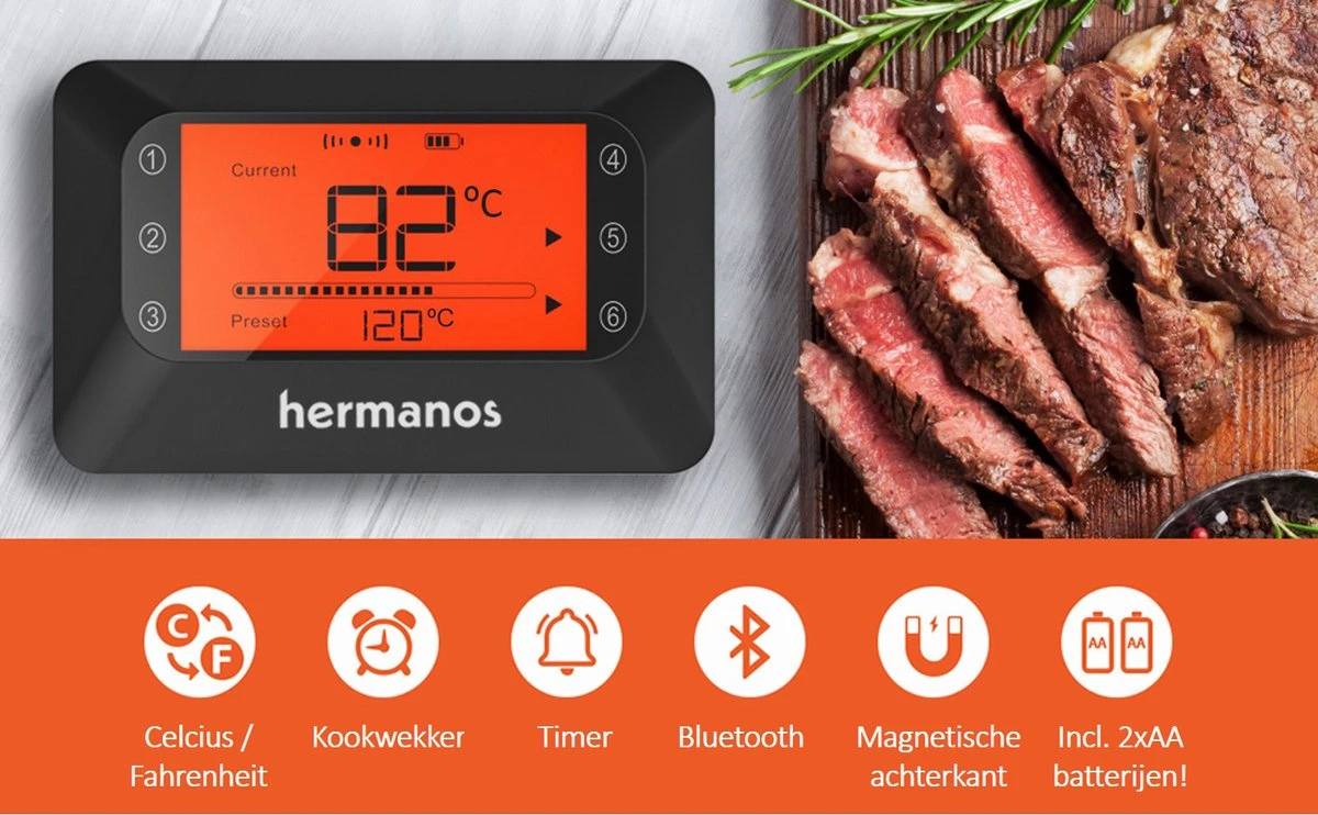 Hermanos® Digitale BBQ Thermometer Draadloos - Vleesthermometer - Oventhermometer - Bluetooth Met App - 6 Meetsondes - Magneet - Incl. Batterijen 7 Hermanos® Digitale BBQ Thermometer Draadloos - Vleesthermometer - Oventhermometer - Bluetooth Met App - 6 Meetsondes - Magneet - Incl. Batterijen - Afbeelding 5