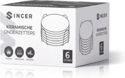 Sincer Keramische Onderzetters Voor Glazen Met Houder – Set Van 6 Witte Keramische/Marmeren Onderleggers –Luxe/Modern Design - Premium Kwaliteit – Kurken Antislip Onderkant – Hittebestendig – Zeer Absorberend – Rond – Duurzaam/Milieuvriendelijk -KitchenAids Winkel 1200x750 4