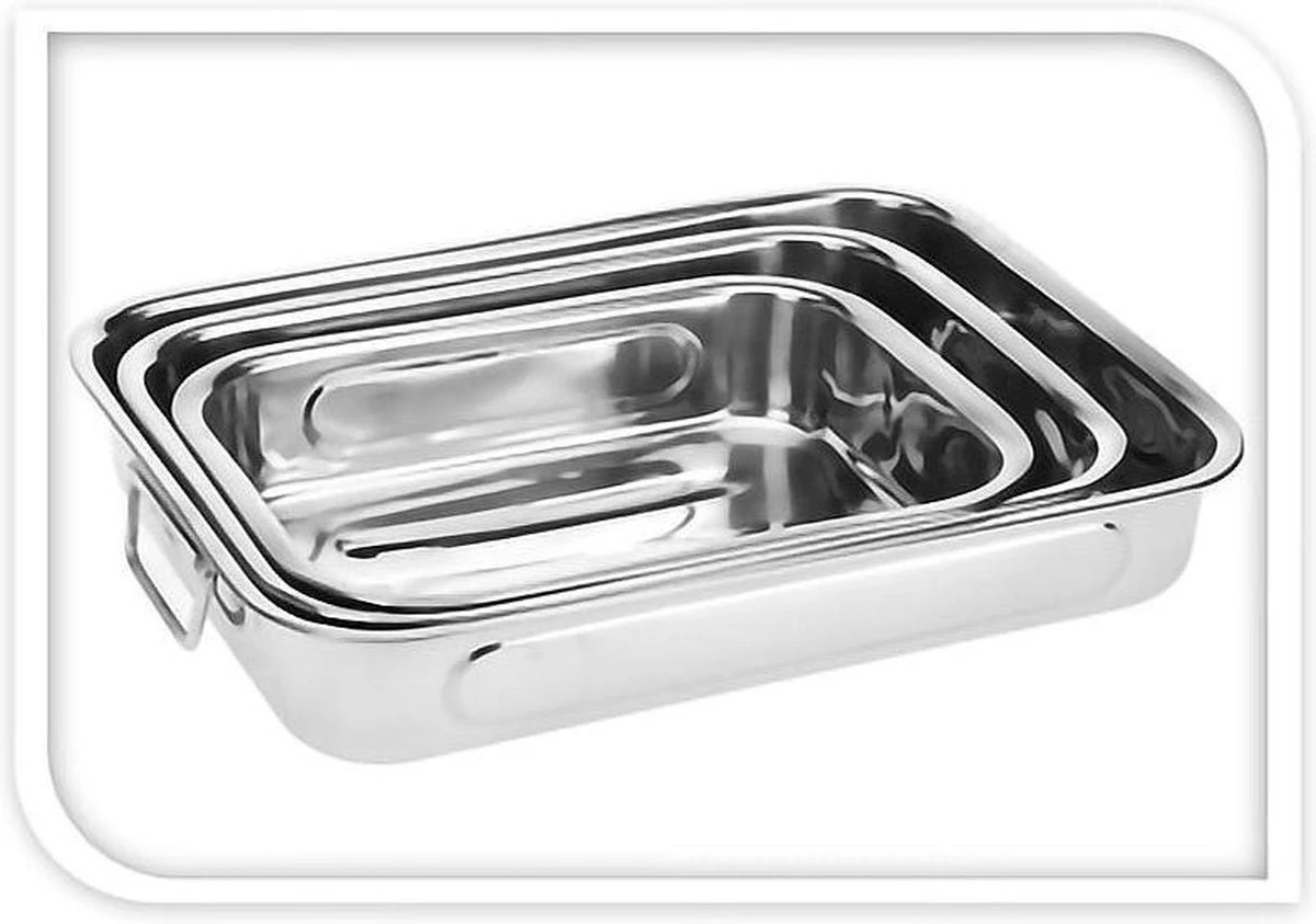 Excellent Houseware Set Van 3x Stuks RVS Braadsledes/ovenschalen - Vlees Braden - Braadpan - Braadslede 4 Excellent Houseware Set Van 3x Stuks RVS Braadsledes/ovenschalen - Vlees Braden - Braadpan - Braadslede - Afbeelding 2