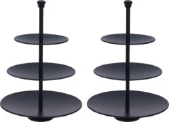 Alpina Set Van 2x Zwarte Etageres - 3-laags RVS 36 Cm - Hightea/tapas/hapjes/amuses Presenteren/serveren