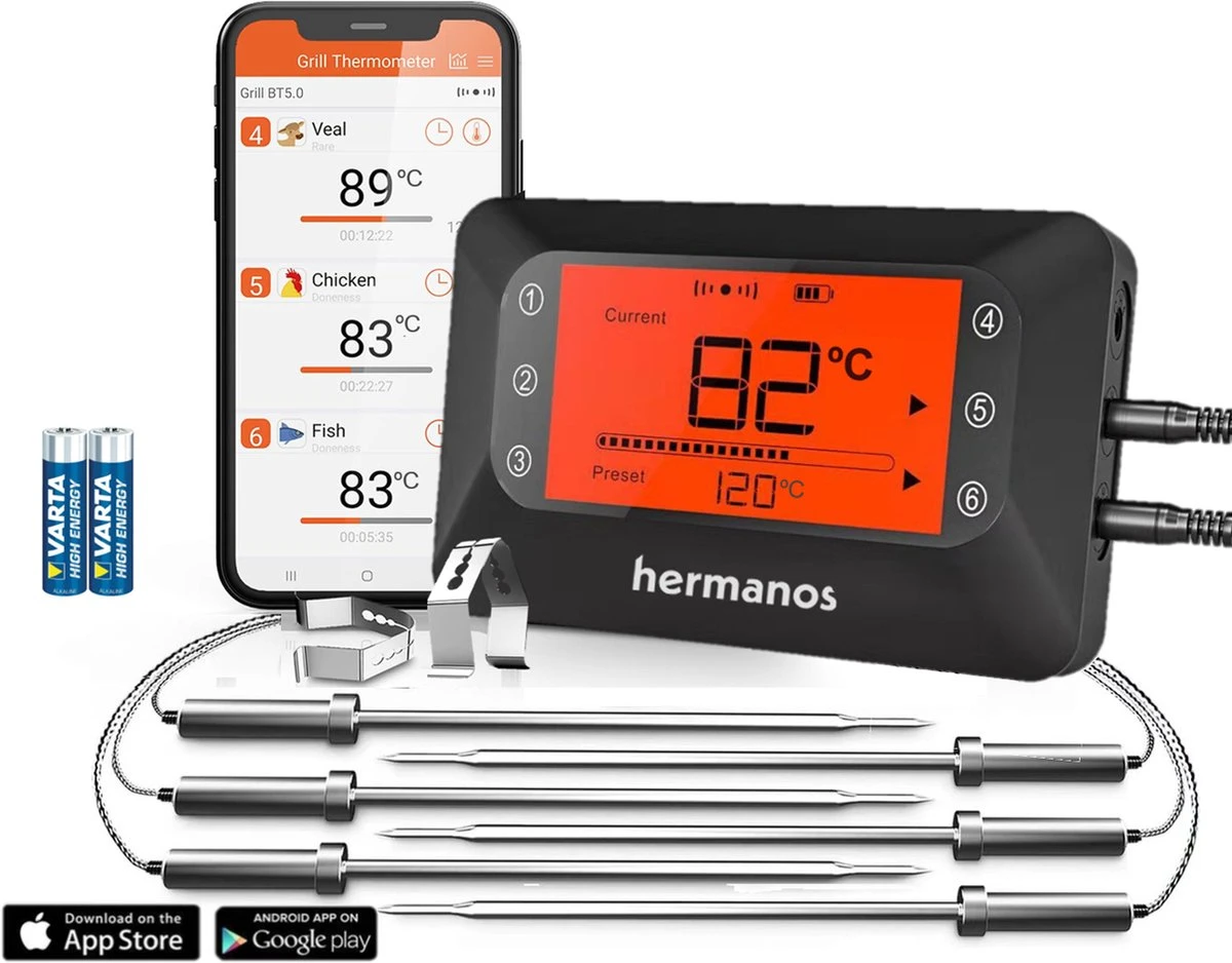 Hermanos® Digitale BBQ Thermometer Draadloos - Vleesthermometer - Oventhermometer - Bluetooth Met App - 6 Meetsondes - Magneet - Incl. Batterijen 3 Hermanos® Digitale BBQ Thermometer Draadloos - Vleesthermometer - Oventhermometer - Bluetooth Met App - 6 Meetsondes - Magneet - Incl. Batterijen