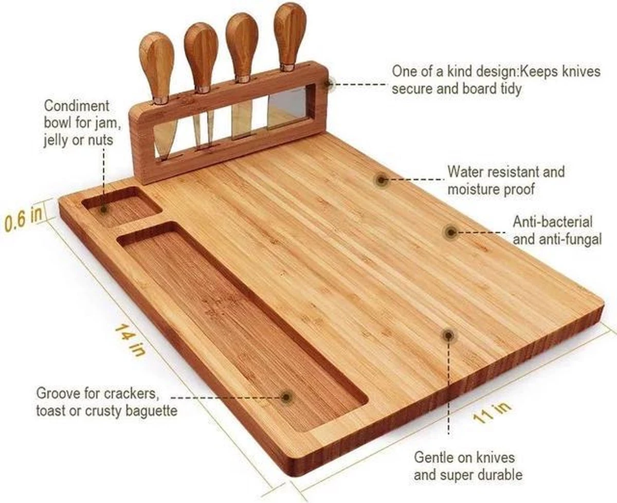 Merkloos XL Tapasplank-Borrelplank-Bamboe Kaasplank- Met 4 Messen--serveerplank 7 Merkloos XL Tapasplank-Borrelplank-Bamboe Kaasplank- Met 4 Messen--serveerplank - Afbeelding 5