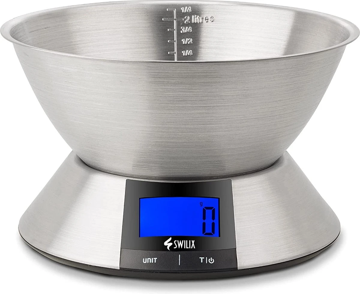 SWILIX ® Precisie Keukenweegschaal - 1gr Tot 5 Kg - Inclusief Mengcom - Met Tarra Functie - Inclusief Batterijen - RVS 3 SWILIX ® Precisie Keukenweegschaal - 1gr Tot 5 Kg - Inclusief Mengcom - Met Tarra Functie - Inclusief Batterijen - RVS