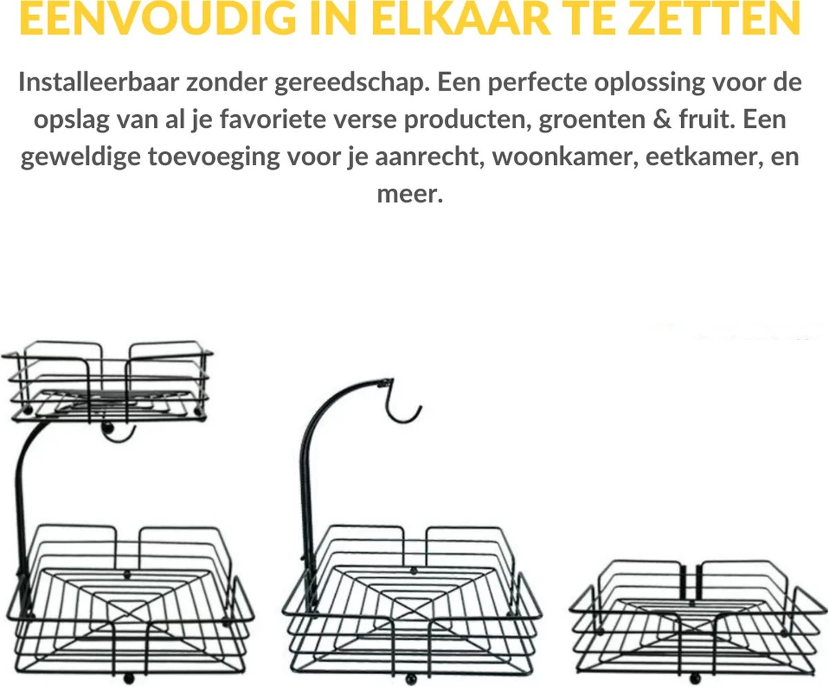 SensaHome - Fruitmand Met Bananenhouder - Vierkant 2-Laags Zwart - Fruitschaal - Etagere - Metaal - Industrial - Modern 11 SensaHome - Fruitmand Met Bananenhouder - Vierkant 2-Laags Zwart - Fruitschaal - Etagere - Metaal - Industrial - Modern - Afbeelding 9