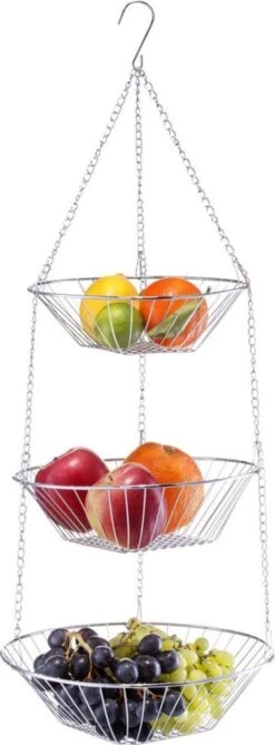 Zilveren Ronde Fruitschaal 3-laags Hangend 72 Cm - Zeller - Keukenaccessoires/benodigdheden - Fruitschalen/fruitmanden - Fruitschalen Van Metaal