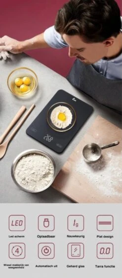 ALJEO Oplaadbare Digitale Precisie Keukenweegschaal - 1g Tot 10kg - Weegschaal Keuken - Tarra Functie - Incl Oplader - Gehard Glas - Zwart -KitchenAids Winkel 527x1200