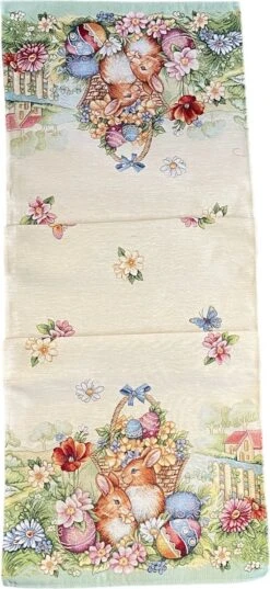 Merkloos Tafelkleed -Tafelloper - Gobelin - Pasen - Groen - Met Konijntjes - 45 X 140 Cm -KitchenAids Winkel 552x1200